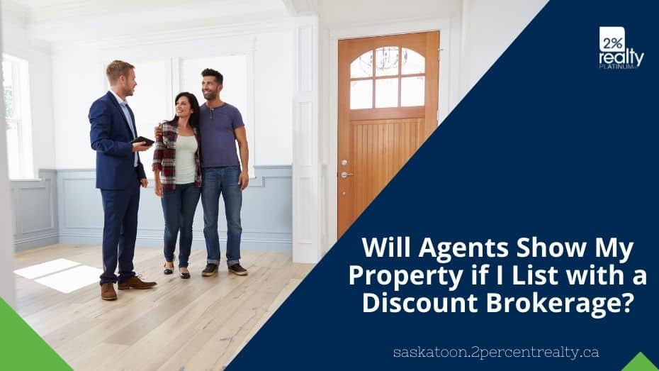 A couple and a real estate agent standing inside a vacant living room with the text "Will Agents Show My Property If I List with a Discount Brokerage?" for the blog post Will Other REALTORs Show My Property If I List with a Discount Brokerage?